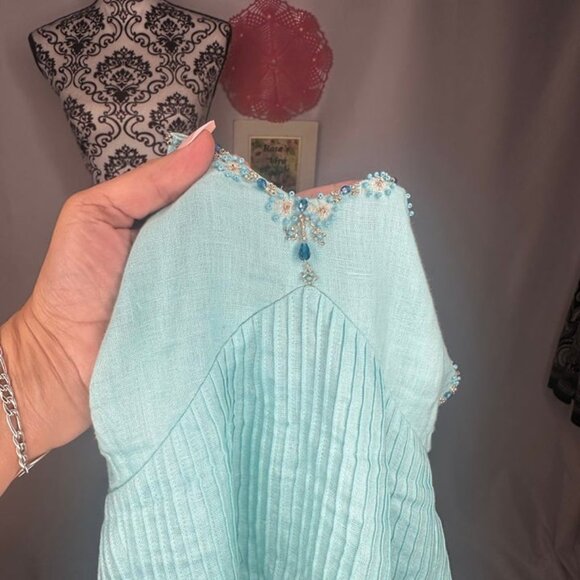 Ann Taylor Ocean Blue 100% Linen Bedded Halter Dress Size 14 - Picture 7 of 10